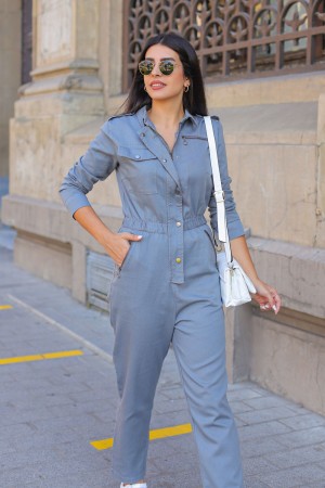 Anthracite Gathered Long Sleeve Jumpsuit