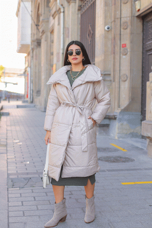 Beige Belted Long Inflatable Coat