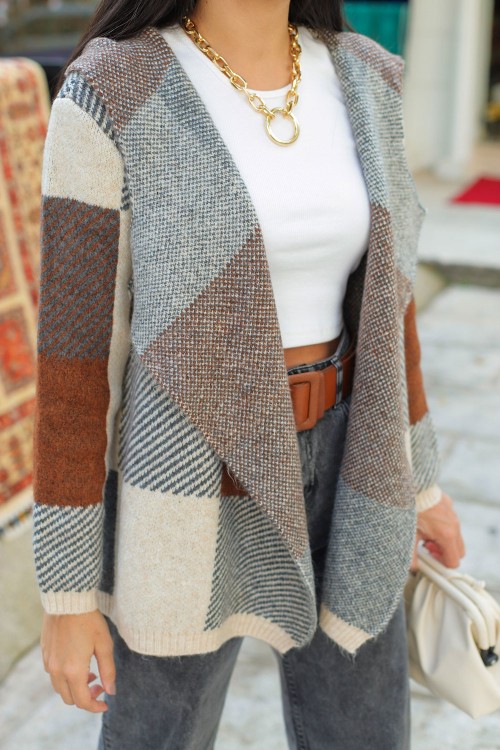 Brown Square Pattern Hooded Cardigan