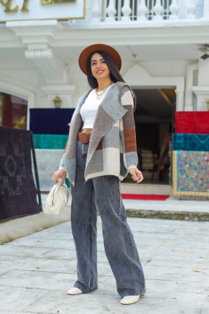 Brown Square Pattern Hooded Cardigan