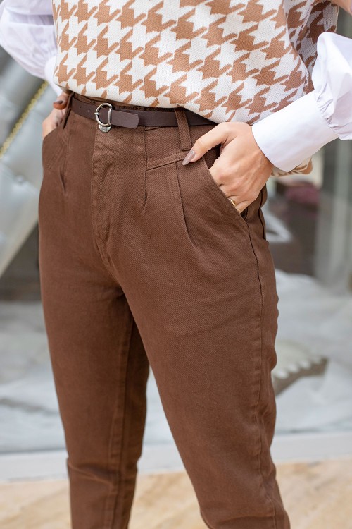 Brown High Waist Belt Trousers