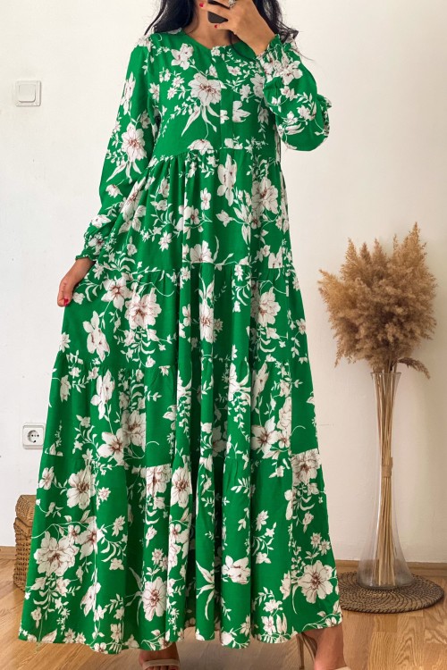 Yeşil Çiçek Desenli Bileği Lastik Detaylı Elbise