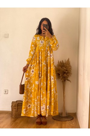 Yellow Floral Patterned Elastic Ankle Detailed Dress