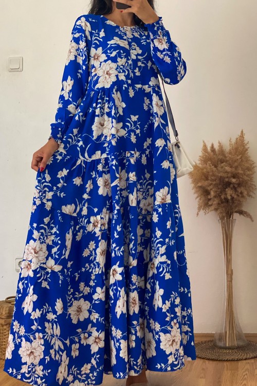 Mavi Çiçek Desenli Bileği Lastik Detaylı Elbise