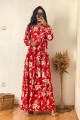 Kırmızı Çiçek Desenli Bileği Lastik Detaylı Elbise