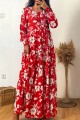 Kırmızı Çiçek Desenli Bileği Lastik Detaylı Elbise
