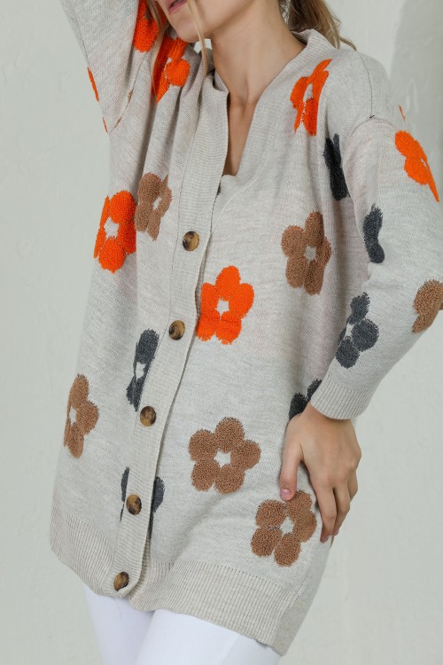 Cream Floral Patterned Buttoned Cardigan