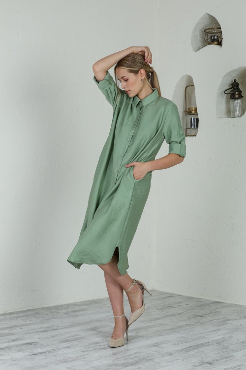Mint Side Oval Slit Shirt Dress