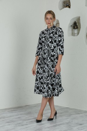 Black and White Floral Front Buttoned Belted Dress