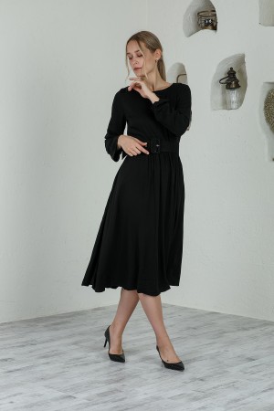 Black Midi Length Belted Dress