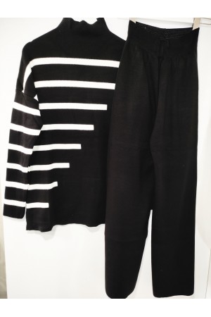 Black Half Turtleneck Spanish Leg Striped Knitwear Set