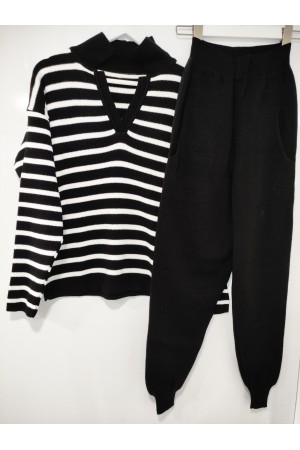 Black V-Neck Striped Knitwear Set
