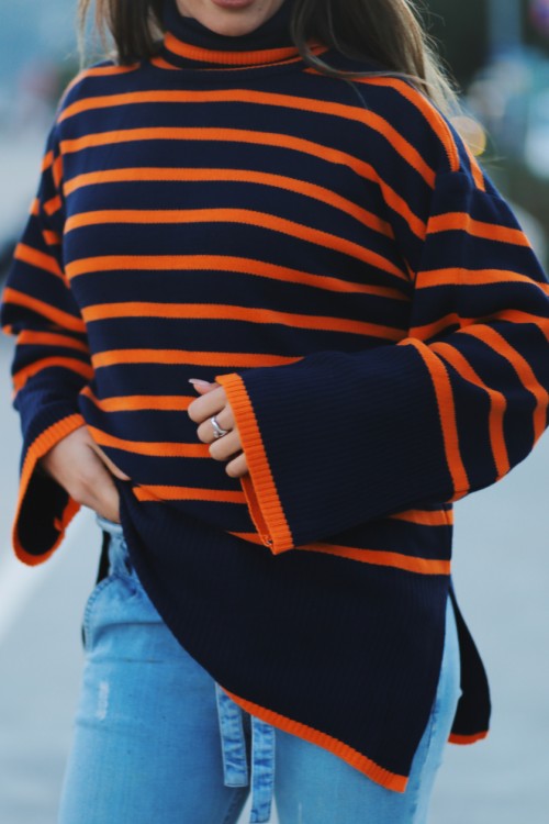 Navy Blue Orange Striped Fisherman Sweater