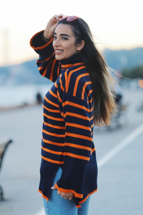 Navy Blue Orange Striped Fisherman Sweater