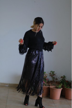 Black Sequined Tasseled Skirt