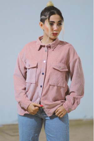 Pink Velvet Double Pocket Oversize Shirt Jacket