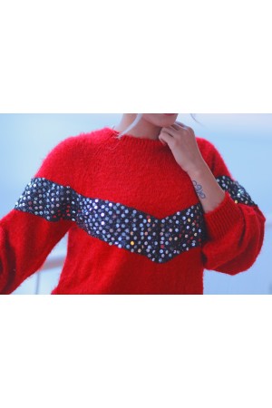 Red Sequin Detailed Sweater