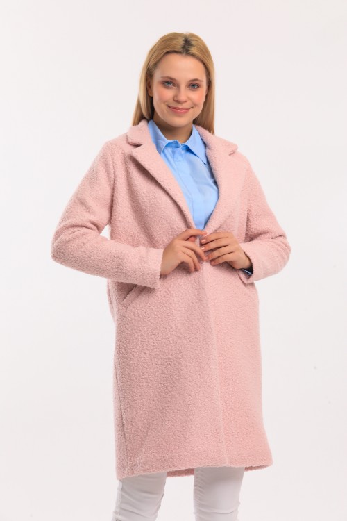 Pink Lined Wool Blend Boucle Coat