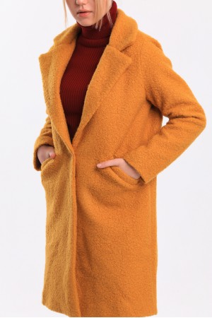 Mustard Lined Wool Blend Boucle Coat
