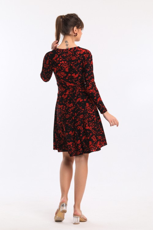 Black Double Breasted Collar Red Patterned Dress