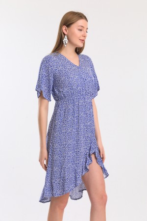 Double Breasted Collar Ruffle Detailed Blue Dress