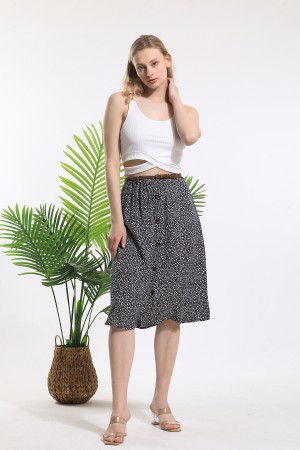 Buttoned Floral Pattern Belt Detailed Skirt