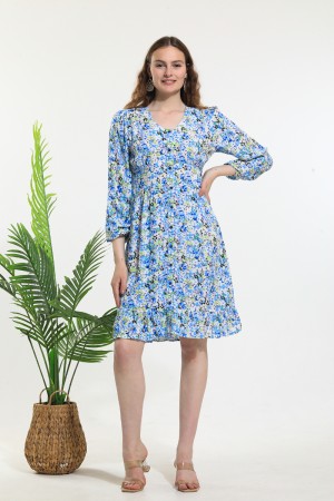 Blue Buttoned Floral Pattern Dress