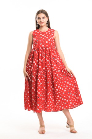 Red Daisy Pattern Sleeveless Dress