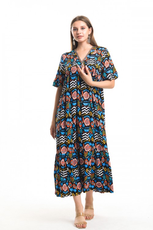 Half Sleeve V-Neck Color Patterned Dress