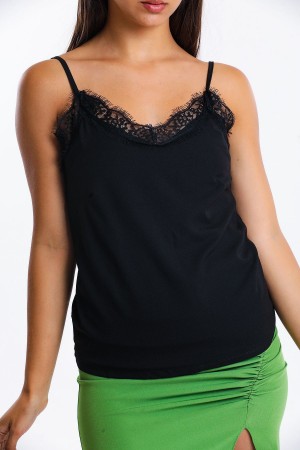 Thin Strap Lace Detailed Black Blouse