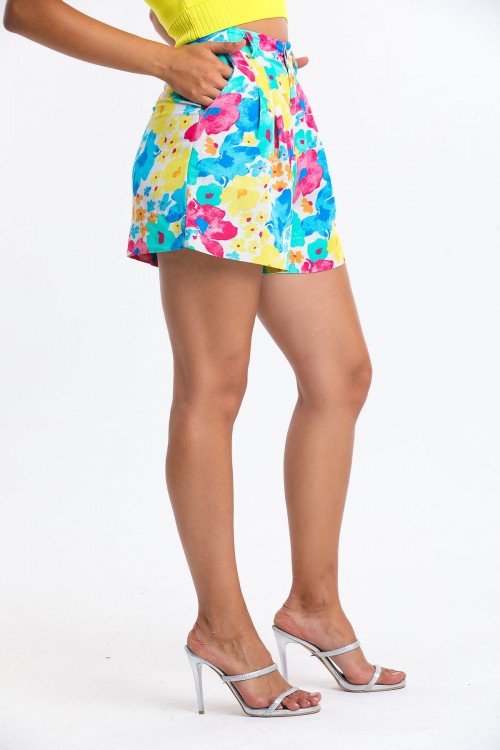 Floral Pattern Pleated Linen Shorts