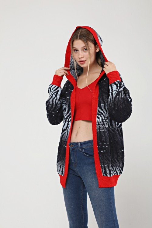 Hooded Zebra Patterned Thick Knitwear Cardigan